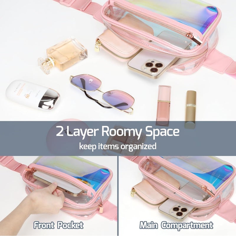 Veckle Holographic Clear Fanny Pack - Plus Size Only 35" - 51" Transparent Belt Bag for Women Crossbody Waist Bag for Festivals, Concerts, Theme Park, Pink - Image 4